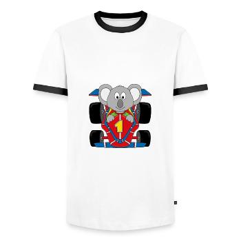 KOALA - RENNAUTO - RENNFAHRER - AUTORENNEN - Männer Kontrast-T-Shirt - Weiß/Schwarz - Vorne - AI Model Female 172 light (172cm) & AI Model Male 178 dark (178cm)