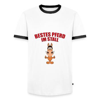 BESTES PFERD IM STALL - REITEN - PONY - PFERDE - Männer Kontrast-T-Shirt - Weiß/Schwarz - Vorne - AI Model Female 172 light (172cm) & AI Model Male 178 dark (178cm)