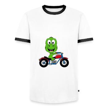 DINOSAURIER - MOTORRAD - BIKER - MOTORSPORT - Männer Kontrast-T-Shirt - Weiß/Schwarz - Vorne - AI Model Female 172 light (172cm) & AI Model Male 178 dark (178cm)