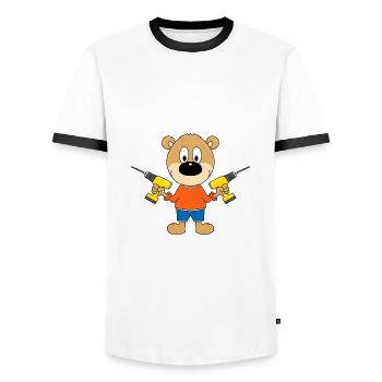 TEDDY - BÄR - HEIMWERKER - HANDWERKER - BOHRER - Männer Kontrast-T-Shirt - Weiß/Schwarz - Vorne - AI Model Female 172 light (172cm) & AI Model Male 178 dark (178cm)