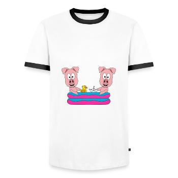 SCHWEINE - POOL - PLANSCHBECKEN - TIERE - FUN - Männer Kontrast-T-Shirt - Weiß/Schwarz - Vorne - AI Model Female 172 light (172cm) & AI Model Male 178 dark (178cm)