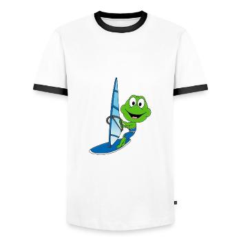 FROSCH - WINDSURFER - WINDSURFEN - SURFEN - SPORT - Männer Kontrast-T-Shirt - Weiß/Schwarz - Vorne - AI Model Female 172 light (172cm) & AI Model Male 178 dark (178cm)