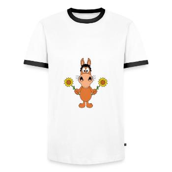 PFERD - PONY - SONNENBLUMEN - BLUMEN - LIEBE - Männer Kontrast-T-Shirt - Weiß/Schwarz - Vorne - AI Model Female 172 light (172cm) & AI Model Male 178 dark (178cm)