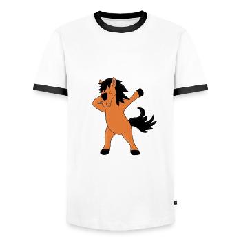 PFERD - PONY - DABBING - DAB - DABBEN - TIERISCH - Männer Kontrast-T-Shirt - Weiß/Schwarz - Vorne - AI Model Female 172 light (172cm) & AI Model Male 178 dark (178cm)
