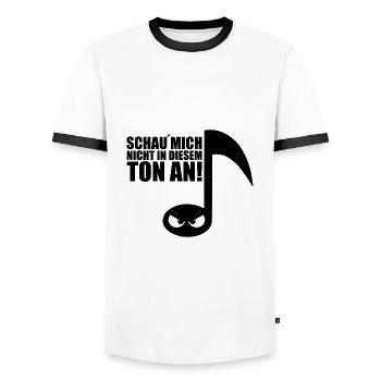 SCHAU´MICH NICHT IN DIESEM TON AN! - NOTE - MUSIK - Männer Kontrast-T-Shirt - Weiß/Schwarz - Vorne - AI Model Female 172 light (172cm) & AI Model Male 178 dark (178cm)