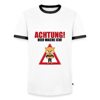 KATZE - KATER - SECURITY - ACHTUNG HIER WACHE ICH! - Männer Kontrast-T-Shirt - Weiß/Schwarz - Vorne - AI Model Female 172 light (172cm) & AI Model Male 178 dark (178cm)