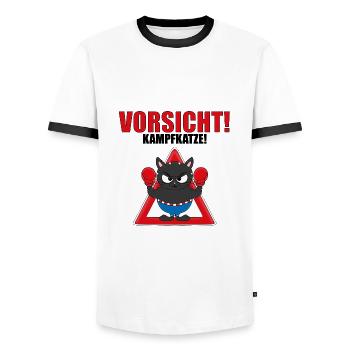 VORSICHT! KAMPFKATZE! - BOXER - BOXEN - KATER - Männer Kontrast-T-Shirt - Weiß/Schwarz - Vorne - AI Model Female 172 light (172cm) & AI Model Male 178 dark (178cm)