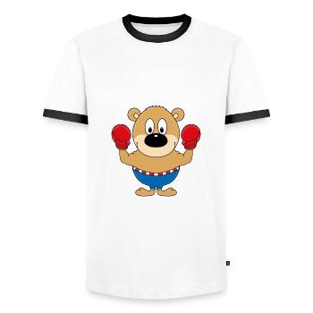 TEDDY - BÄR - TEDDYBÄR - BOXER - BOXEN - SPORT - Männer Kontrast-T-Shirt - Weiß/Schwarz - Vorne - AI Model Female 172 light (172cm) & AI Model Male 178 dark (178cm)