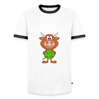 KLEEBLATT - GLÜCKSBRINGER - GLÜCK - STIER - BULLE - Männer Kontrast-T-Shirt - Weiß/Schwarz - Vorne - AI Model Female 172 light (172cm) & AI Model Male 178 dark (178cm)