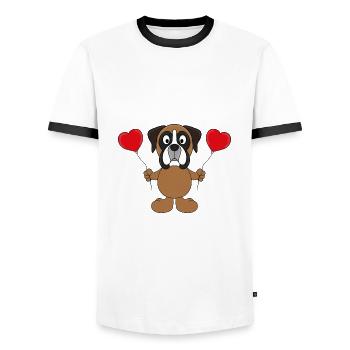 HUND - BOXER - LUFTBALLONS - LIEBE - LOVE - Männer Kontrast-T-Shirt - Weiß/Schwarz - Vorne - AI Model Female 172 light (172cm) & AI Model Male 178 dark (178cm)