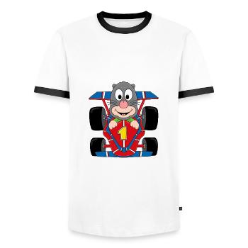 MAULWURF - RENNAUTO - AUTO - RENNFAHRER - TIER - Männer Kontrast-T-Shirt - Weiß/Schwarz - Vorne - AI Model Female 172 light (172cm) & AI Model Male 178 dark (178cm)