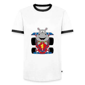 NILPFERD - RENNFAHRER - AUTO - MOTORSPORT - Männer Kontrast-T-Shirt - Weiß/Schwarz - Vorne - AI Model Female 172 light (172cm) & AI Model Male 178 dark (178cm)
