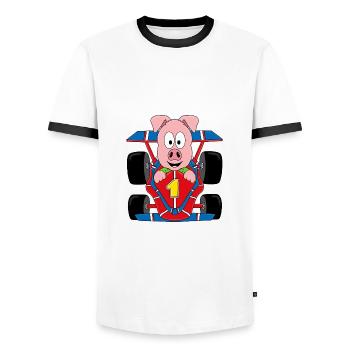 SCHWEIN - AUTO - RENNWAGEN - AUTORENNEN - TIER - Männer Kontrast-T-Shirt - Weiß/Schwarz - Vorne - AI Model Female 172 light (172cm) & AI Model Male 178 dark (178cm)