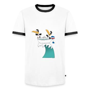 PINGUINE - WELLENREITER - BOOT - SURFER - LIEBE - Männer Kontrast-T-Shirt - Weiß/Schwarz - Vorne - AI Model Female 172 light (172cm) & AI Model Male 178 dark (178cm)