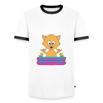 KATZE - SHAKA - PLANSCHBECKEN - TIER - TIERISCH - Männer Kontrast-T-Shirt - Weiß/Schwarz - Vorne - AI Model Female 172 light (172cm) & AI Model Male 178 dark (178cm)
