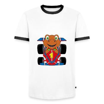 T-REX - DINOSAURIER - AUTO - RENNFAHRER - DINO - Männer Kontrast-T-Shirt - Weiß/Schwarz - Vorne - AI Model Female 172 light (172cm) & AI Model Male 178 dark (178cm)