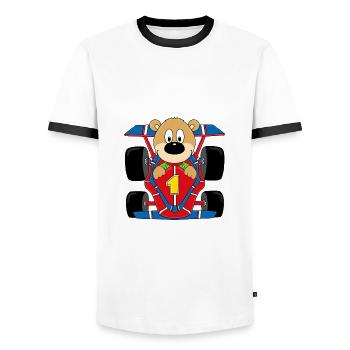 TEDDY - BÄR - RENNFAHRER - AUTO - MOTORSPORT - Männer Kontrast-T-Shirt - Weiß/Schwarz - Vorne - AI Model Female 172 light (172cm) & AI Model Male 178 dark (178cm)