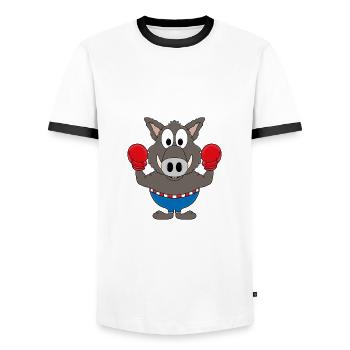 BOXER - SPORT - WILDSCHWEIN - TIER - TIERISCH - Männer Kontrast-T-Shirt - Weiß/Schwarz - Vorne - AI Model Female 172 light (172cm) & AI Model Male 178 dark (178cm)