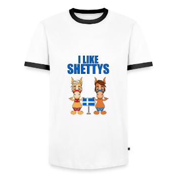 I LIKE SHETTYS - PFERDE - PFERD - Männer Kontrast-T-Shirt - Weiß/Schwarz - Vorne - AI Model Female 172 light (172cm) & AI Model Male 178 dark (178cm)