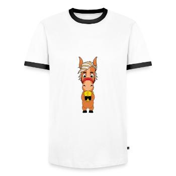PFERD - PONY - POKAL - Männer Kontrast-T-Shirt - Weiß/Schwarz - Vorne - AI Model Female 172 light (172cm) & AI Model Male 178 dark (178cm)