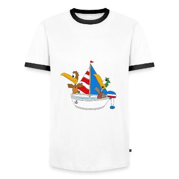 ENTEN - BOOT - SCHIFF - MEER - SEE - VÖGEL - TIERE - Männer Kontrast-T-Shirt - Weiß/Schwarz - Vorne - AI Model Female 172 light (172cm) & AI Model Male 178 dark (178cm)