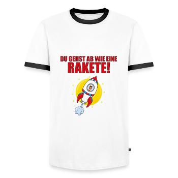 DU GEHST AB WIE EINE RAKETE! - PFERD - WELTALL - Männer Kontrast-T-Shirt - Weiß/Schwarz - Vorne - AI Model Female 172 light (172cm) & AI Model Male 178 dark (178cm)