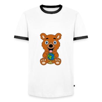 GLOBUS - ERDE - WELT - TEDDYBÄR - BÄR - TEDDY - Männer Kontrast-T-Shirt - Weiß/Schwarz - Vorne - AI Model Female 172 light (172cm) & AI Model Male 178 dark (178cm)