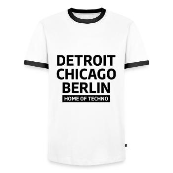 Detroit Chicago Berlin home of techno minimal Club - Men's Ringer Shirt - white/black - Front - AI Model Female 172 light (172cm) & AI Model Male 178 dark (178cm)