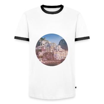 Amalfi Coast Vintage Poster Tour Italy - Men's Ringer Shirt - white/black - Front - AI Model Female 172 light (172cm) & AI Model Male 178 dark (178cm)