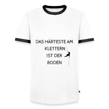 Dicton : La chose la plus difficile dans l’escalade est le sol - T-shirt contrasté Homme - blanc/noir - Devant - AI Model Female 172 light (172cm) & AI Model Male 178 dark (178cm)