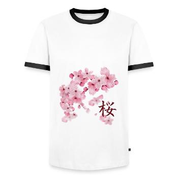 Fleurs de cerisier Japonais - Sakura - T-shirt contrasté Homme - blanc/noir - Devant - AI Model Female 172 light (172cm) & AI Model Male 178 dark (178cm)