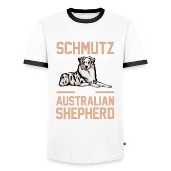 Hund Australian Shepherd - Männer Kontrast-T-Shirt - Weiß/Schwarz - Vorne - AI Model Female 172 light (172cm) & AI Model Male 178 dark (178cm)
