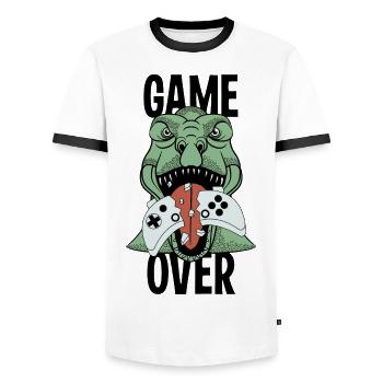 Game Over Dinosaurier - ROAR! T-Rex animiert - Männer Kontrast-T-Shirt - Weiß/Schwarz - Vorne - AI Model Female 172 light (172cm) & AI Model Male 178 dark (178cm)