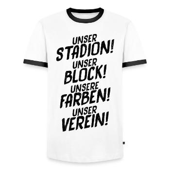 UNSER STADION! UNSER BLOCK! UNSERE FARBEN! - Männer Kontrast-T-Shirt - Weiß/Schwarz - Vorne - AI Model Female 172 light (172cm) & AI Model Male 178 dark (178cm)