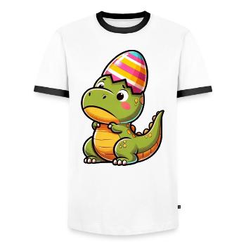 Easter T-Rex in Eggshell, Clumsy - Men's Ringer Shirt - white/black - Front - AI Model Female 172 light (172cm) & AI Model Male 178 dark (178cm)
