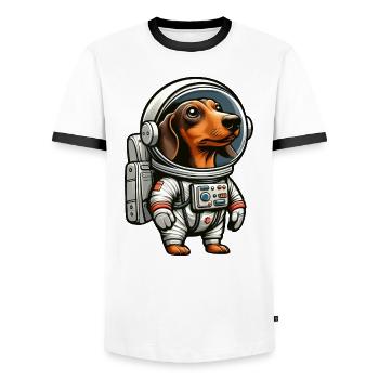 Dackel im Weltraum Astronautenabenteuer - Männer Kontrast-T-Shirt - Weiß/Schwarz - Vorne - AI Model Female 172 light (172cm) & AI Model Male 178 dark (178cm)