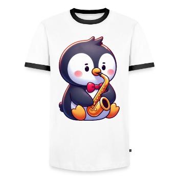 Pinguin Saxofonist Jazz Konzert - Männer Kontrast-T-Shirt - Weiß/Schwarz - Vorne - AI Model Female 172 light (172cm) & AI Model Male 178 dark (178cm)