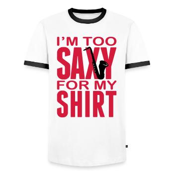 I'm too Saxy for this Shirt - Saxofon - Instrument - Men's Ringer Shirt - white/black - Front - AI Model Female 172 light (172cm) & AI Model Male 178 dark (178cm)