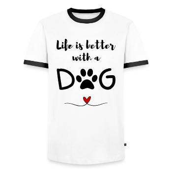 Life is better with a Dog – Saying, Heart and Paw - Men's Ringer Shirt - white/black - Front - AI Model Female 172 light (172cm) & AI Model Male 178 dark (178cm)