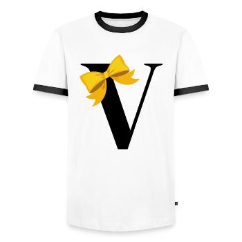 Lettre v nœud jaune - T-shirt contrasté Homme - blanc/noir - Devant - AI Model Female 172 light (172cm) & AI Model Male 178 dark (178cm)