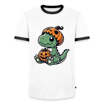 Mignon Halloween Dino T-Rex Dessin animé Citrouille - T-shirt contrasté Homme - blanc/noir - Devant - AI Model Female 172 light (172cm) & AI Model Male 178 dark (178cm)