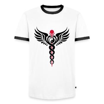 Caduceus, Yin Yang, Schlange, Flügel, Hermetik - Männer Kontrast-T-Shirt - Weiß/Schwarz - Vorne - AI Model Female 172 light (172cm) & AI Model Male 178 dark (178cm)