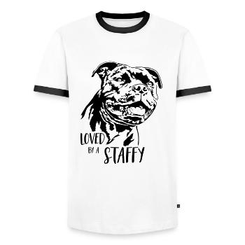 STAFFORDSHIRE BULL TERRIER Staffy Wilsigns - Men's Ringer Shirt - white/black - Front - AI Model Female 172 light (172cm) & AI Model Male 178 dark (178cm)