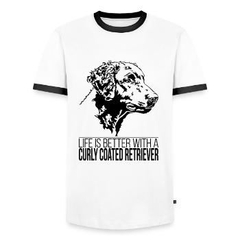 Curly Coated Retriever life is better Wilsigns - Men's Ringer Shirt - white/black - Front - AI Model Female 172 light (172cm) & AI Model Male 178 dark (178cm)