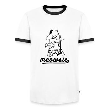 Meowsic Drummer Cat Musik Spruch Geschenk Idee - Männer Kontrast-T-Shirt - Weiß/Schwarz - Vorne - AI Model Female 172 light (172cm) & AI Model Male 178 dark (178cm)