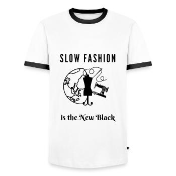 Slow fashion is the new trend - Men's Ringer Shirt - white/black - Front - AI Model Female 172 light (172cm) & AI Model Male 178 dark (178cm)