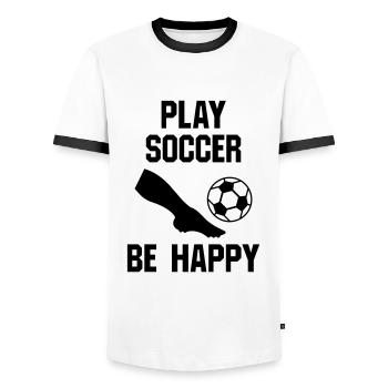 Jouer au football, être heureux (partie d’une jambe, football) - T-shirt contrasté Homme - blanc/noir - Devant - AI Model Female 172 light (172cm) & AI Model Male 178 dark (178cm)