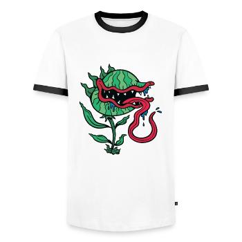 Une plante carnivore qui veut te manger. - T-shirt contrasté Homme - blanc/noir - Devant - AI Model Female 172 light (172cm) & AI Model Male 178 dark (178cm)