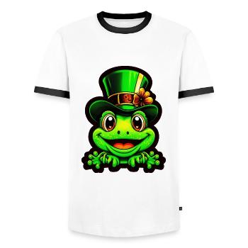 Une grenouille souriante porte un chapeau haut de forme de la Saint-Patrick - T-shirt contrasté Homme - blanc/noir - Devant - AI Model Female 172 light (172cm) & AI Model Male 178 dark (178cm)