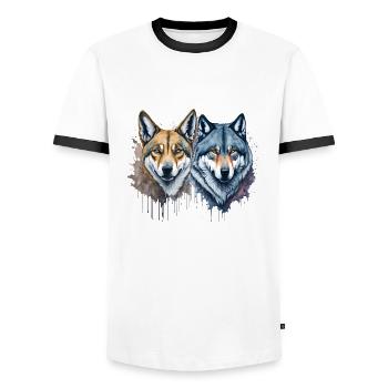 Aquarell Wilde Harmonie Dingo und Wolf - Männer Kontrast-T-Shirt - Weiß/Schwarz - Vorne - AI Model Female 172 light (172cm) & AI Model Male 178 dark (178cm)
